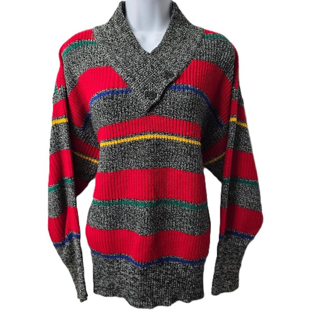 Gitano Wrap Neck Ski Sweater M Women Pullover Preppy Boxy Red Stripe Vintage 80s